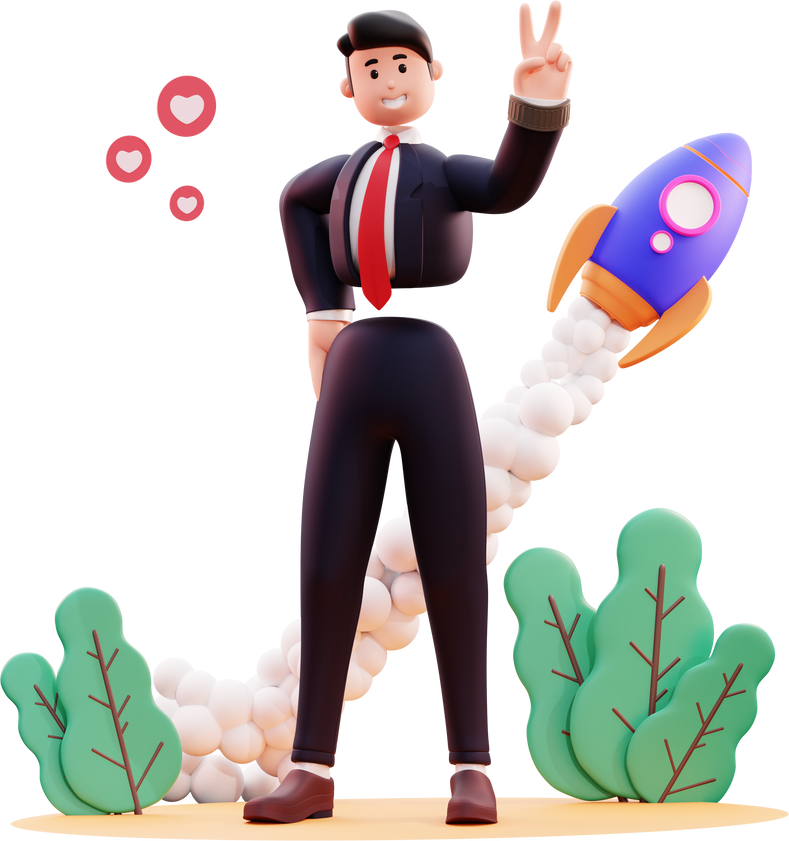 3d character businessman illustration with rocket